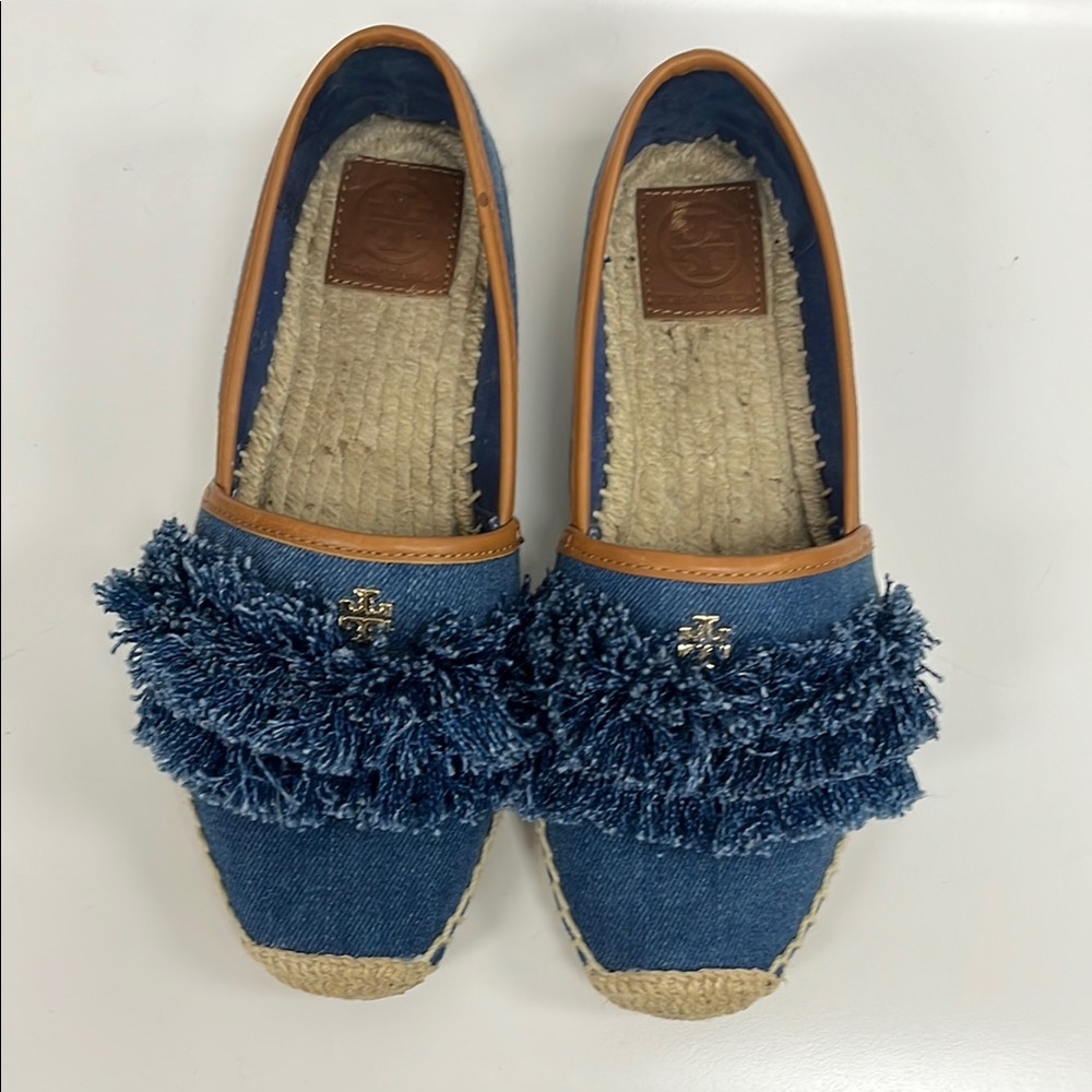 Tory Burch Navy Blue Denim Shaw Fringe Espadrille Flats